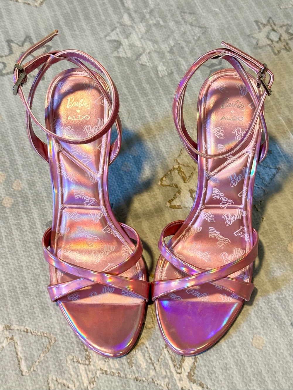 BARBIE x Aldo Pink Holographic Strappy Heel with Heart-Shaped Stacked Heel - Picture 4 of 9